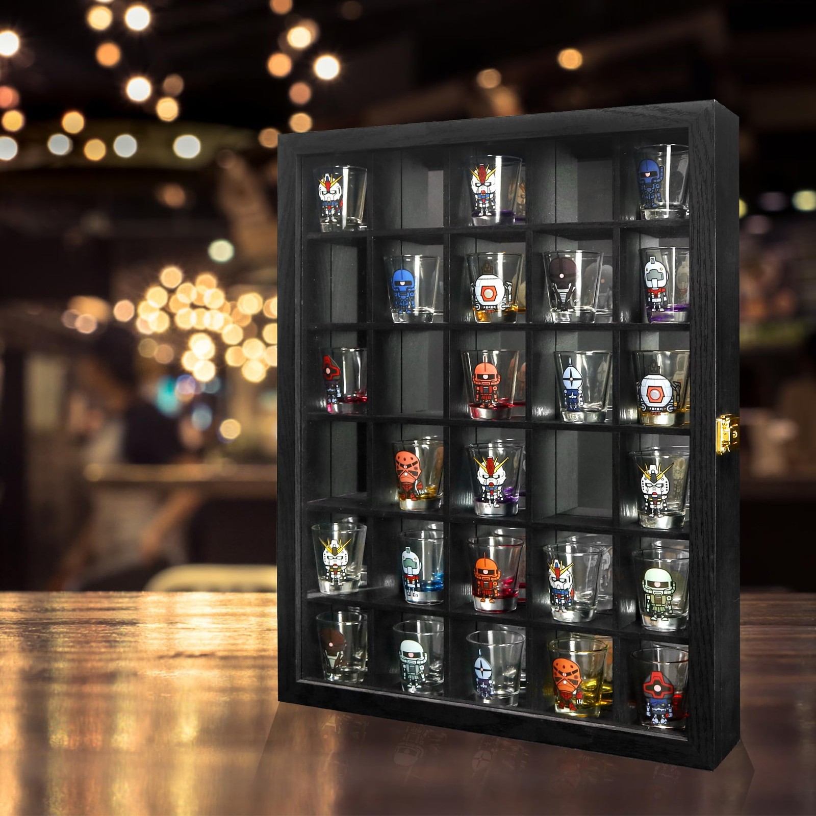 Black Shot Glass Display Case 30 Slots with Mirror Background Large Wooden Ca…