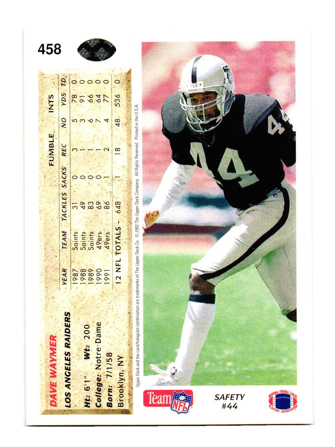 1992 Upper Deck #458 Dave Waymer Los Angeles Raiders