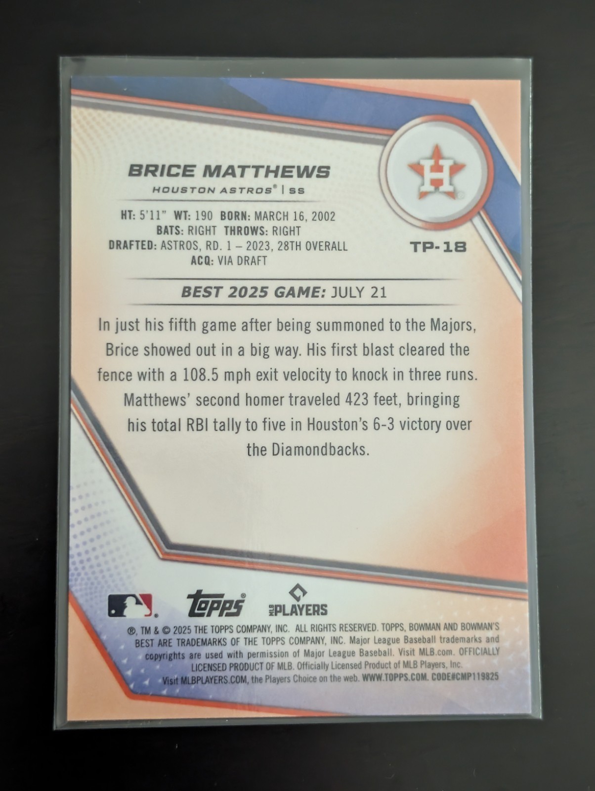 2025 Bowman’s Best – Top Prospects Brice Matthews #TP-18 Yellow Refractor 3/75