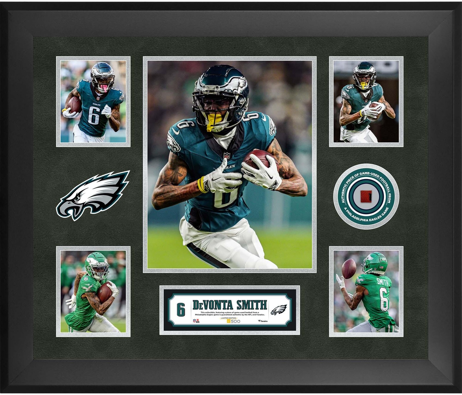 DeVonta Smith Eagles Framed 20″ x 24″ 5-Photo Collage w/Piece GU Ball – LE 500