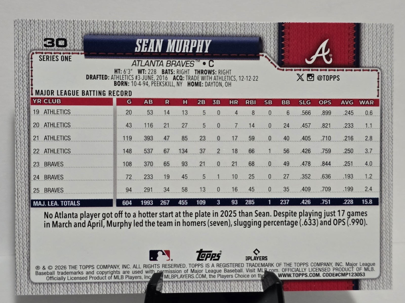 2026 Topps Series 1 Sean Murphy Silver Holo Foil #30 Atlanta Braves