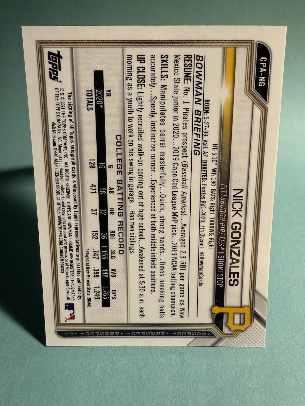 2021 Bowman Chrome Auto Nick Gonzales Purple Refractor /250 Pirates