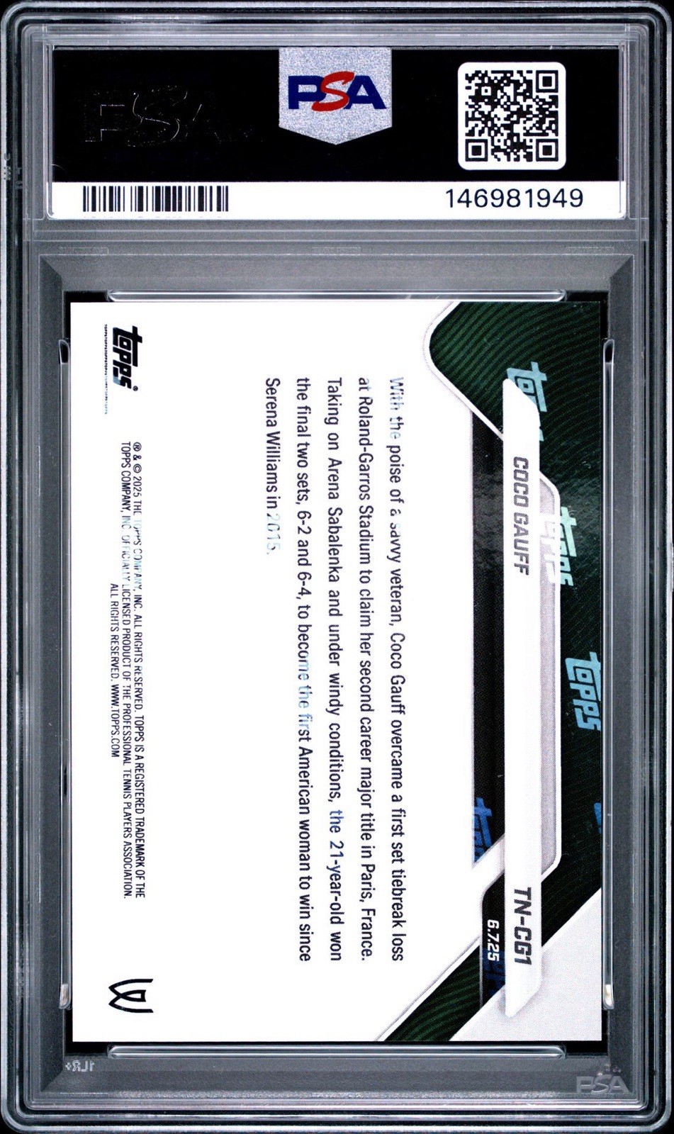 2025 Topps Now Tennis Coco Gauff #TN-CG1 2nd Career Major Black Foil /10 PSA 10