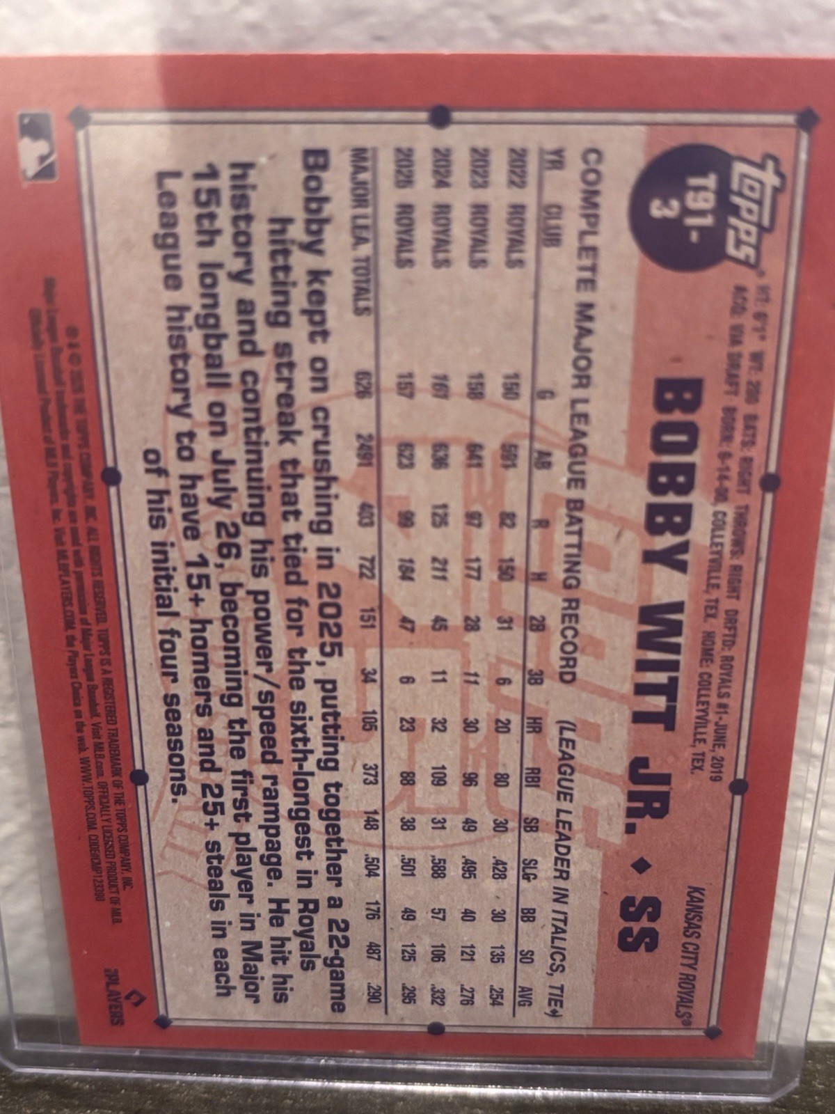 Topps Series 1 2026 Pink Crackle Board Paralel Bobby Witt Jr. 1991 Topps #T91-3