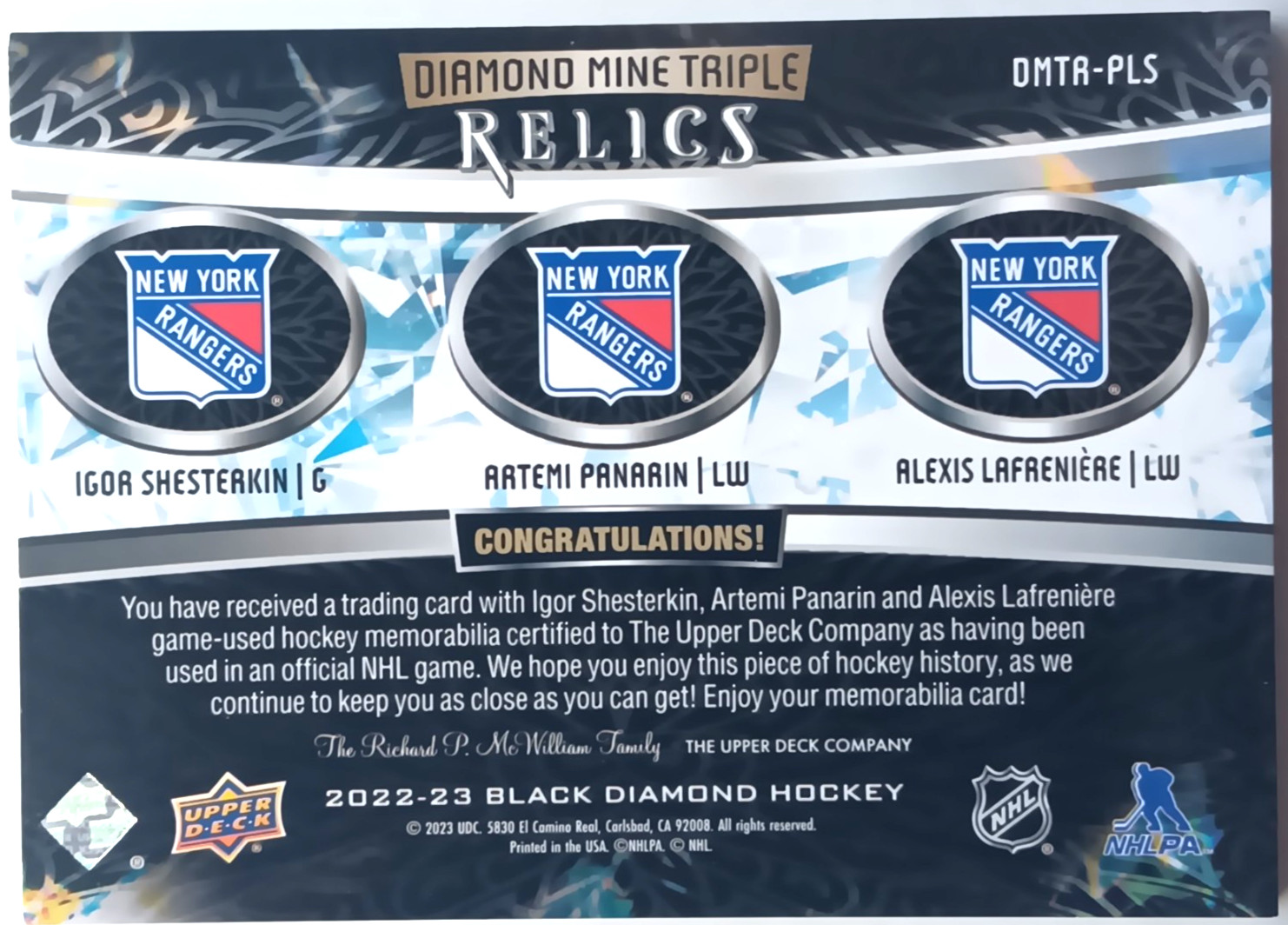 2022-23 Black Diamond Mine Triple Relics Shesterkin / Panarin / Lafreniere NYR