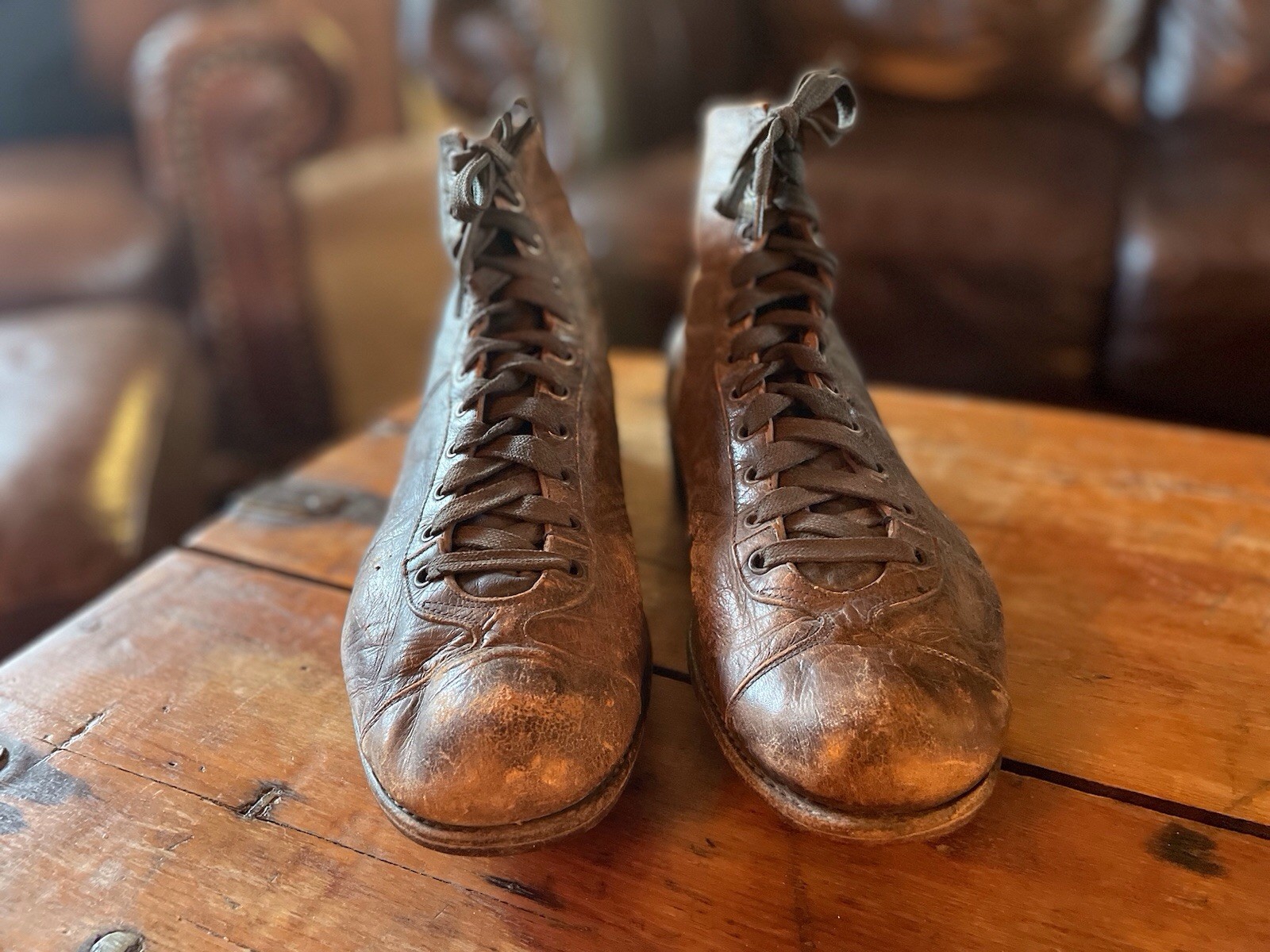 Football Rugby shoes antique leather with cleats vintage sports memorabilia