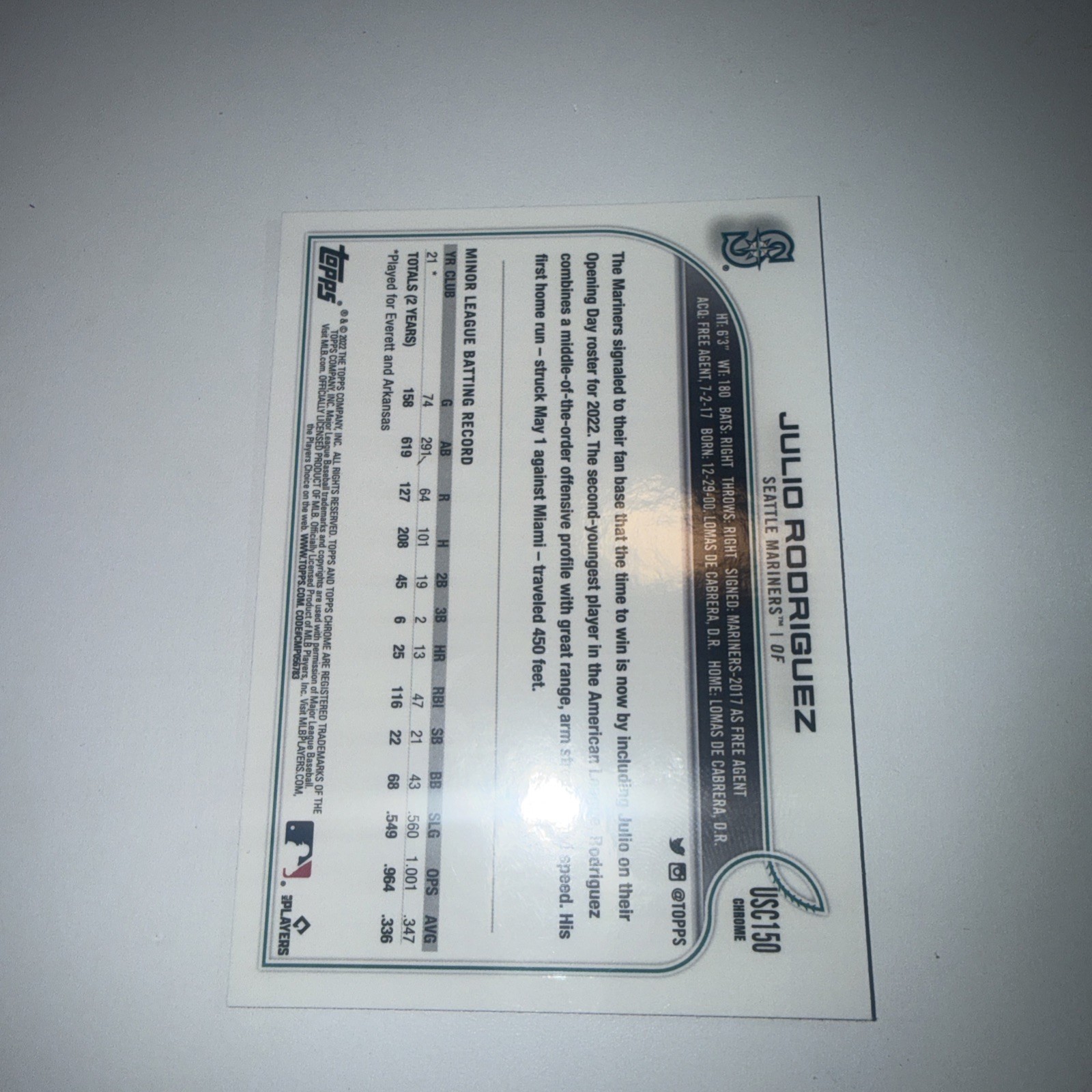 2022 Topps Chrome Update Series – Julio Rodriguez #USC150 Purple Refractor (RC)