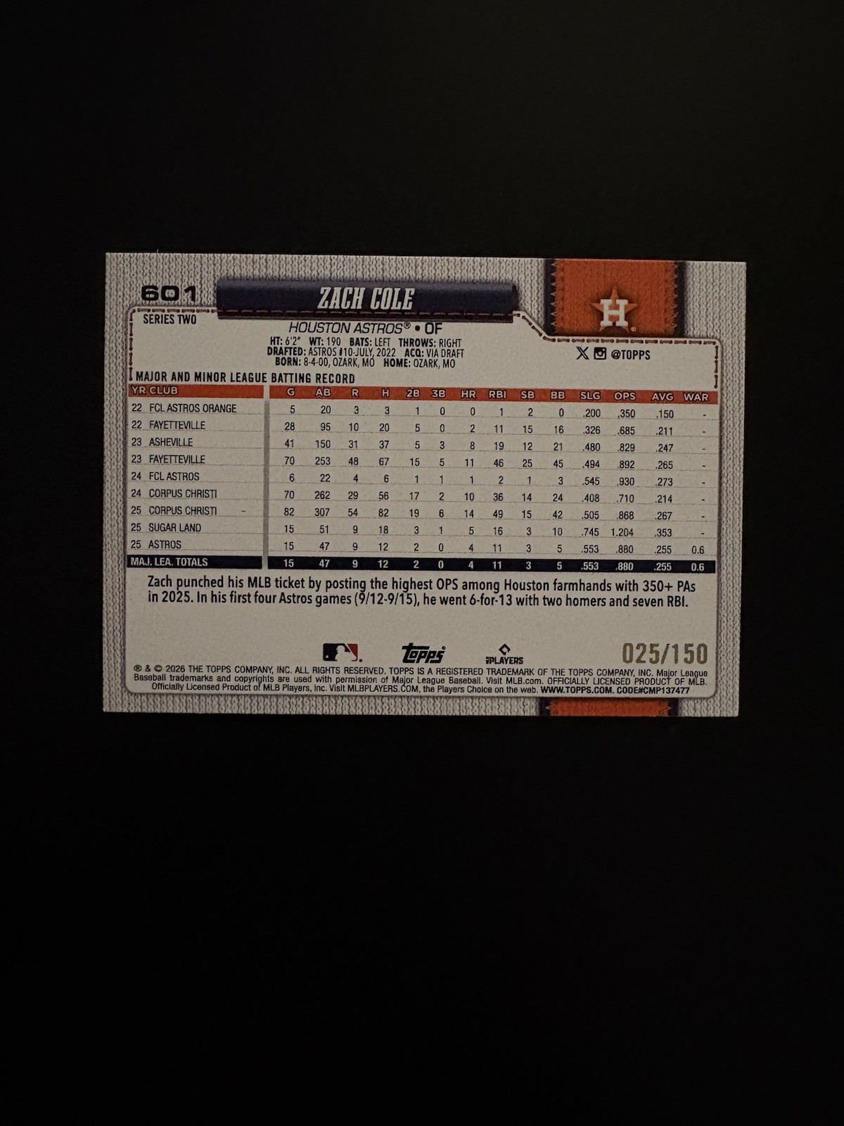 2026 Topps Series 2 Zach Cole #601 Blue Holo Foil /150 RC Astros
