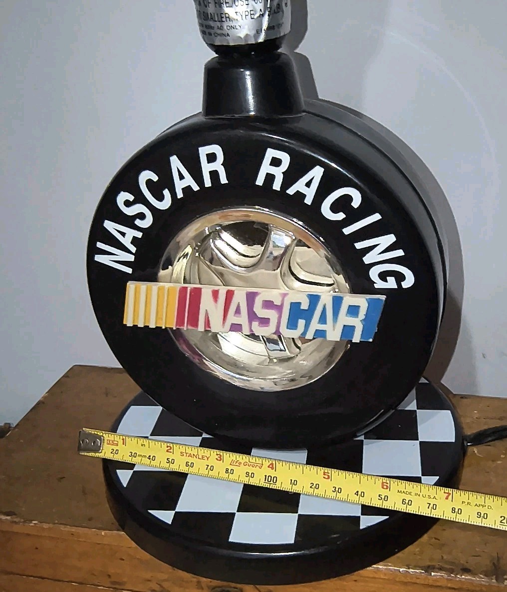 Vintage NASCAR Racing Table Lamp with Tire and Checkered Flag Base No Shade