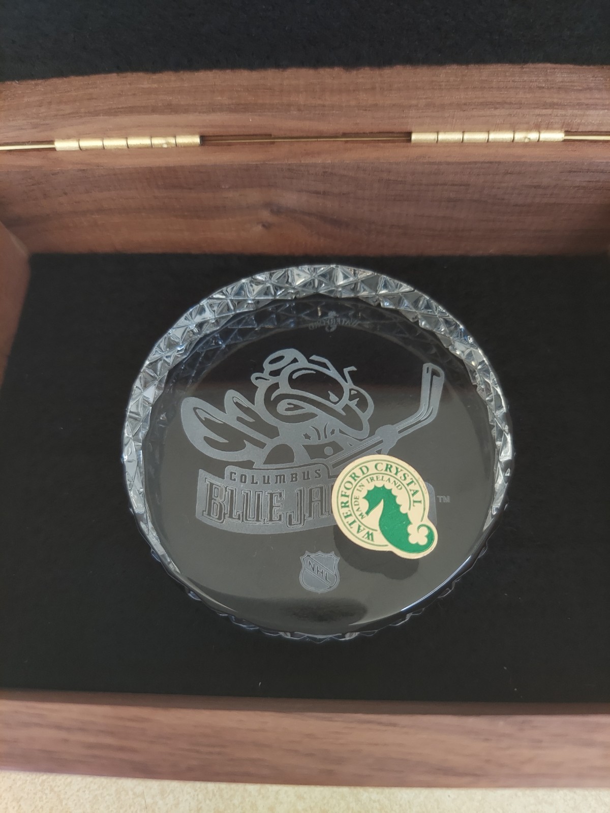 Columbus Blue Jackets Waterford Crystal Hockey Puck Walnut Engraved Box Case
