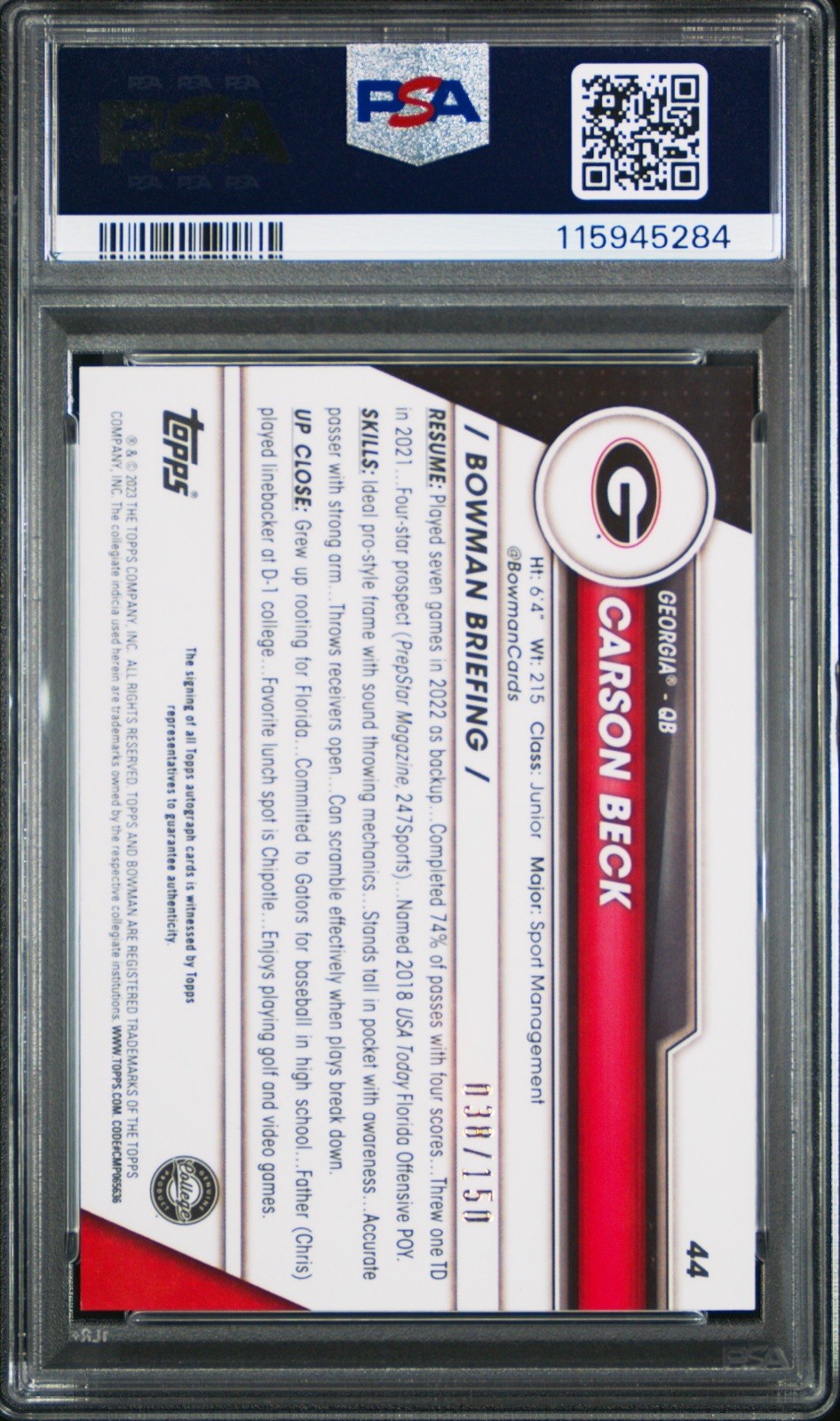 2023 Bowman U Chrome Auto Fuchsia MINI Diamond Carson Beck /150 PSA 10 POP 14!!