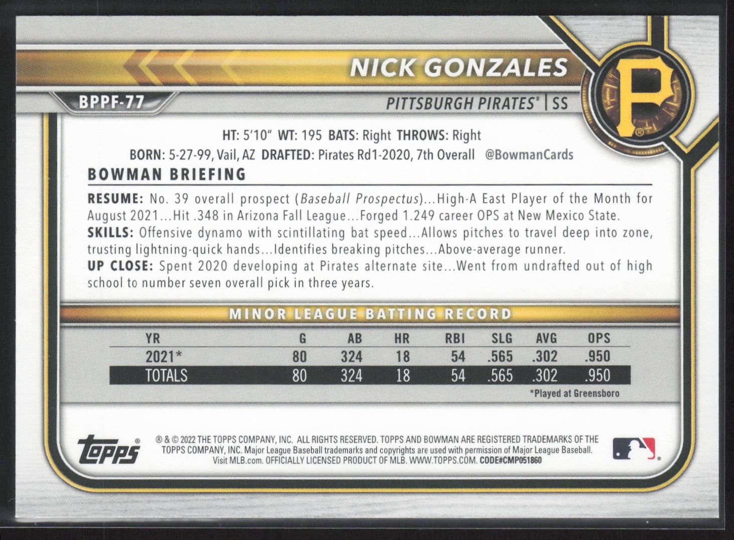 2022 Bowman 1st Edition #BPPF-77 Nick Gonzales Orange Foil #/25