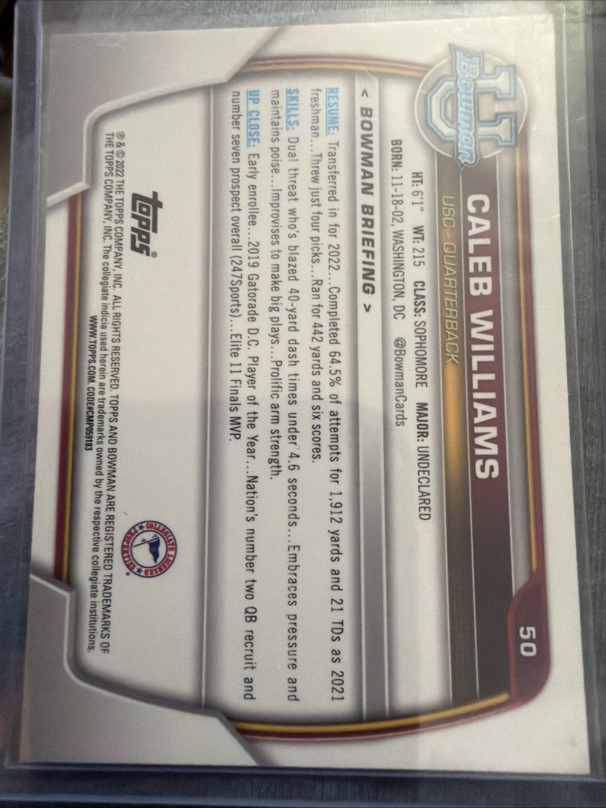 2022 Bowman University Chrome – Caleb Williams #50 Refractor (RC)