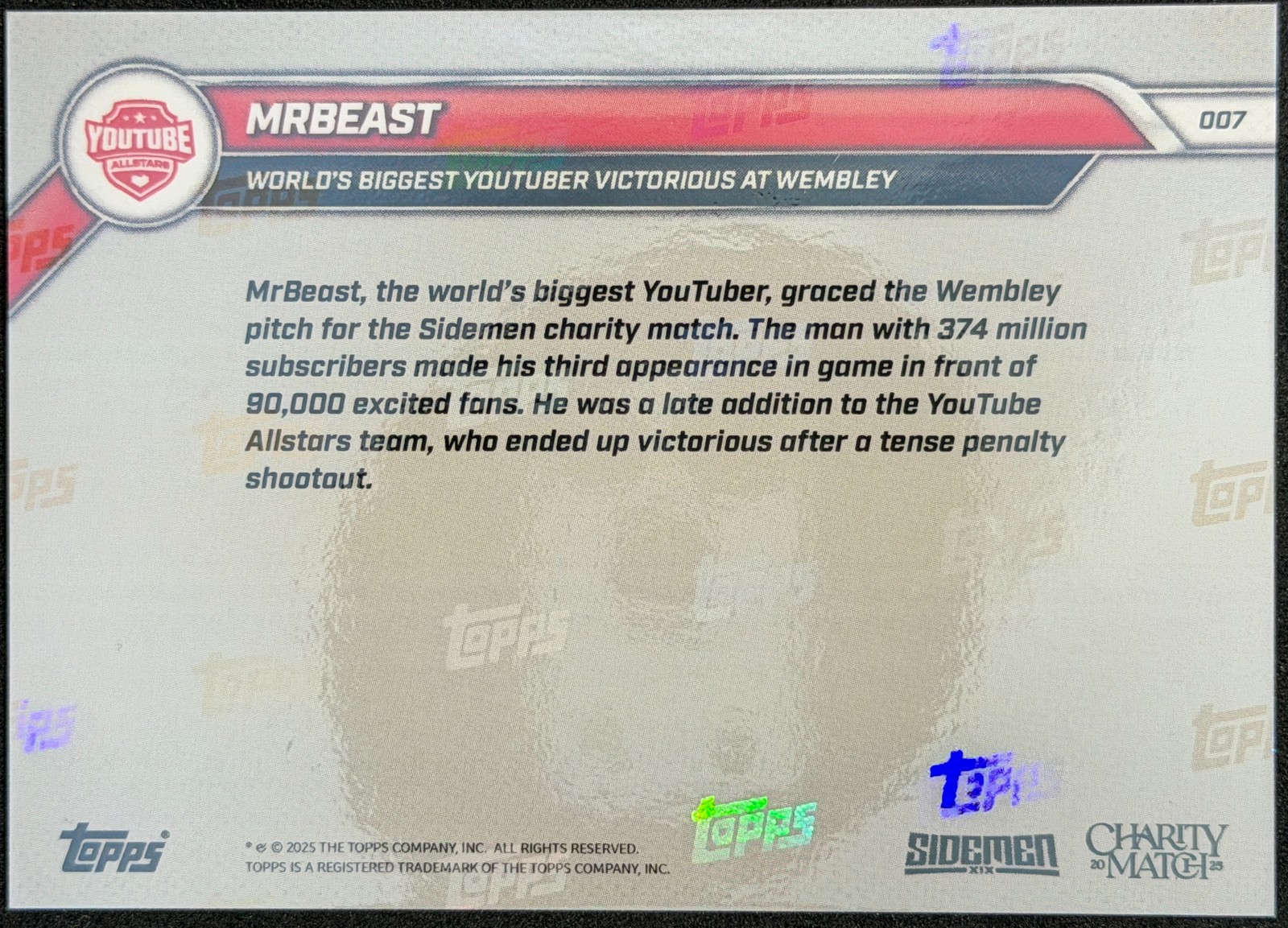MrBeast 2025 Topps Now Sidemen Charity Match #007 Rookie RC Card Youtube