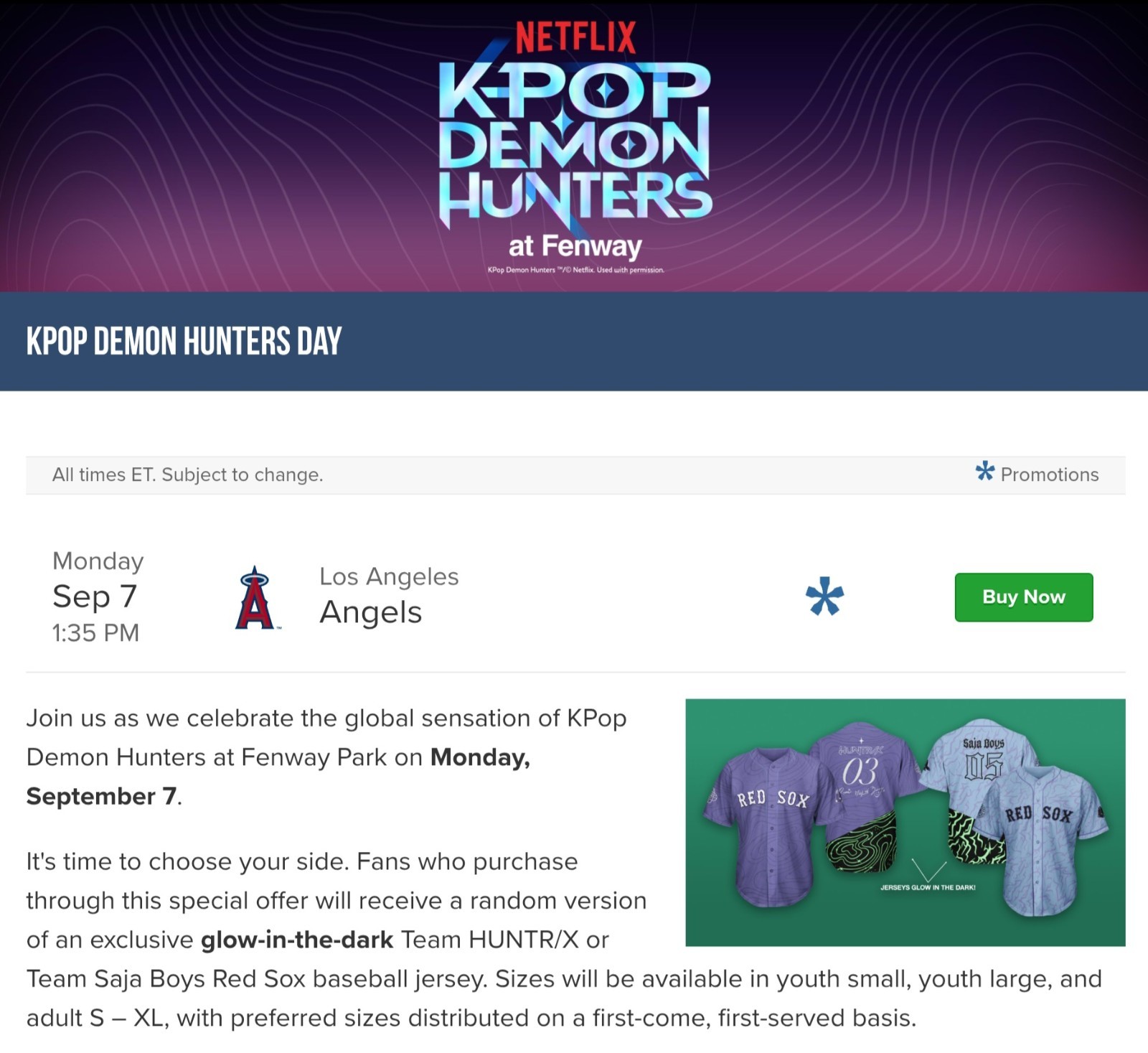 PRESALE: Red Sox KPOP Demon Hunters Glow-in-the-Dark Jersey Fenway Exclusive
