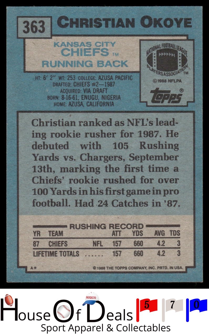 1988 Topps #363 Christian Okoye Kansas City Chiefs Football card Rookie RC