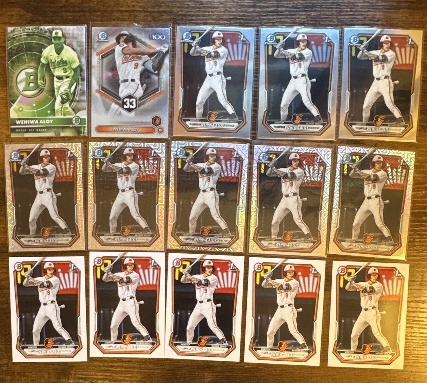 Wehiwa Aloy Bowman Chrome Mojo 1st Orioles 15 Card Lot Top 100 BCP-135 UR-17