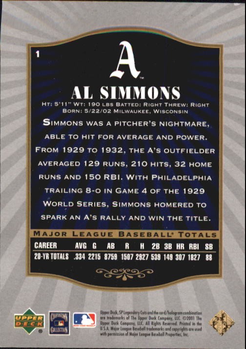2001 SP Legendary Cuts #1 Al Simmons – BB