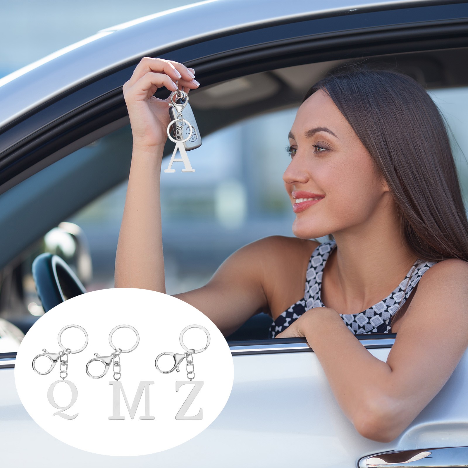 Initial Letter Key Chain Letter A-Z Keychain Initials Keyring, Silver (L)