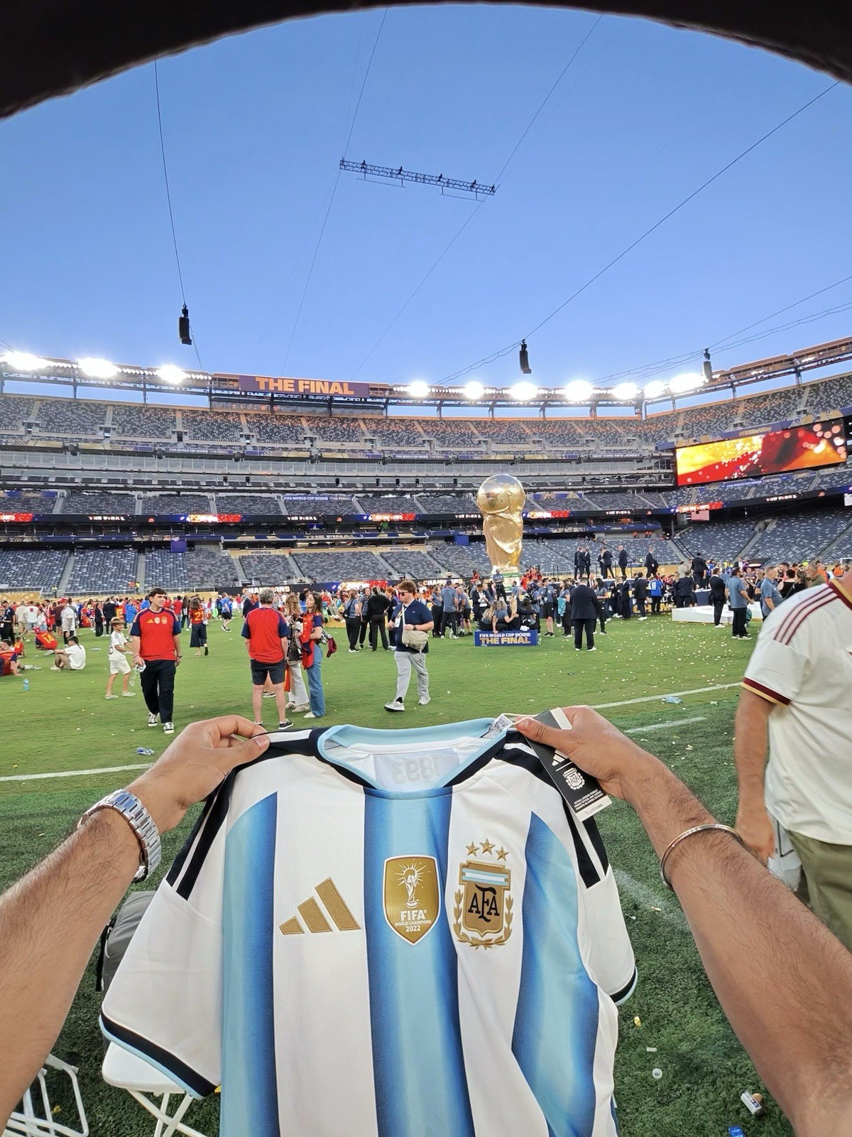 Argentina Soccer Jersey White/Light Blue Striped Black Gold (WORLD CUP MERCH)