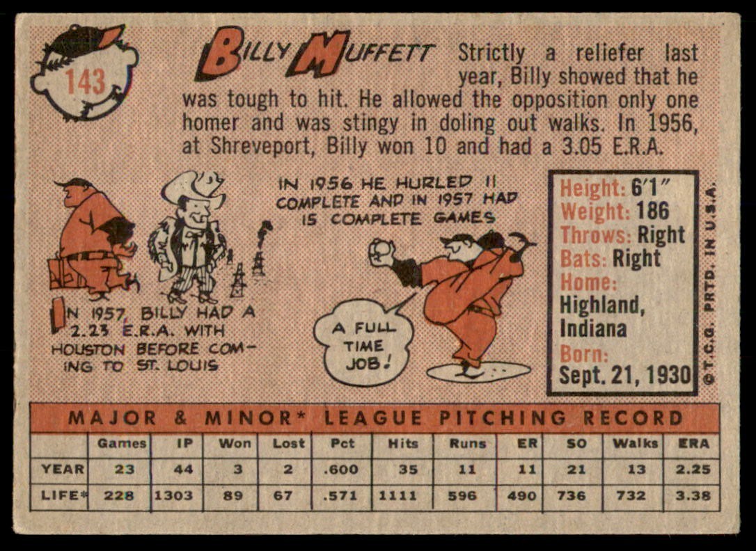 1958 Topps #143 BILLY MUFFETT RC St. Louis Cardinals VGEX