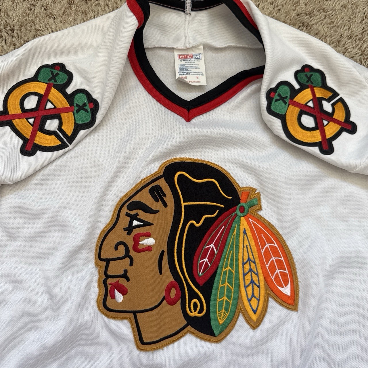 Vintage 80s 90s Chicago Blackhawks CCM Maska NHL Hockey Jersey White Men’s M USA