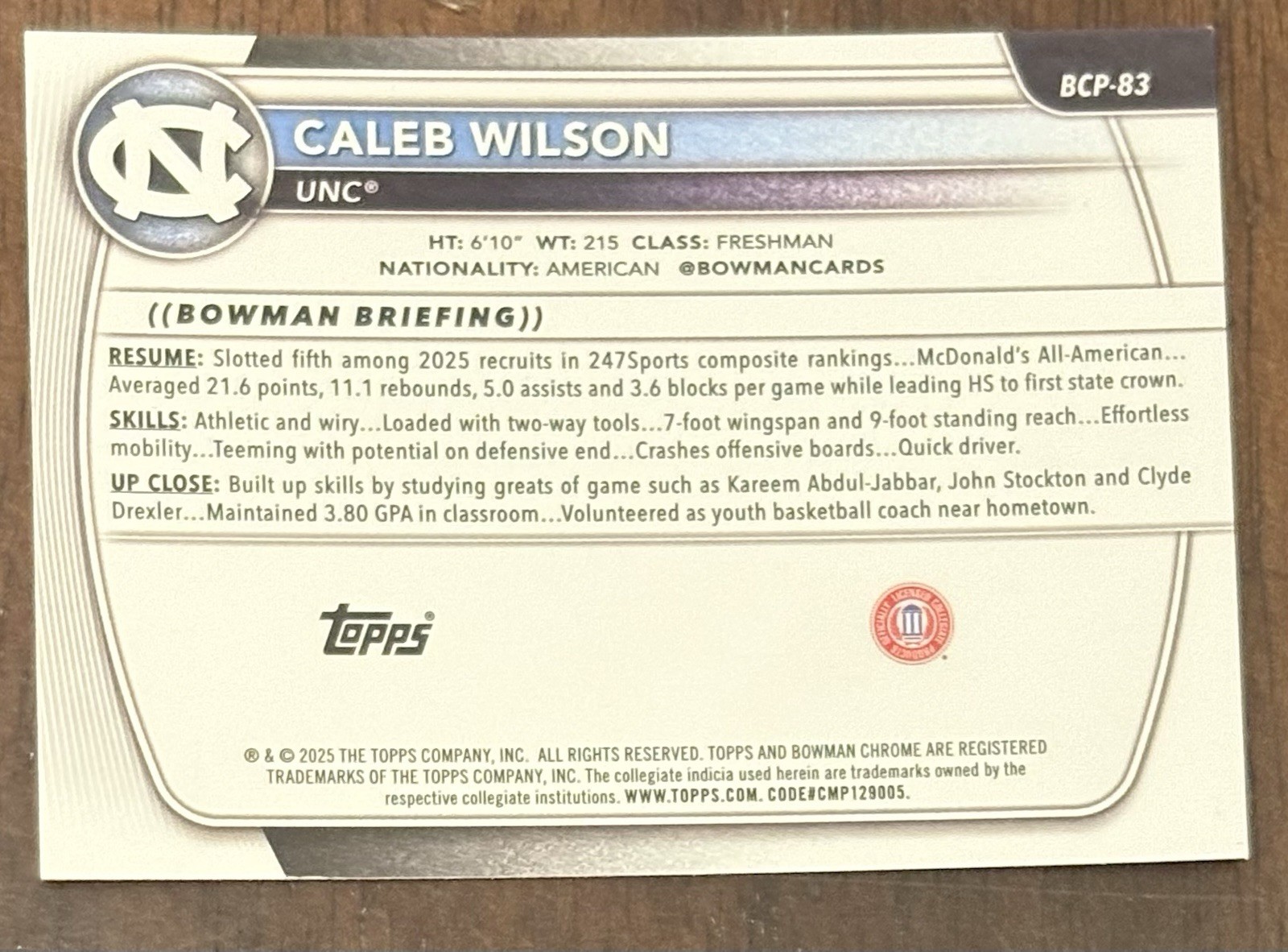 2025-26 Bowman Chrome #BCP-83 Caleb Wilson Prospects Reptilian Refractor