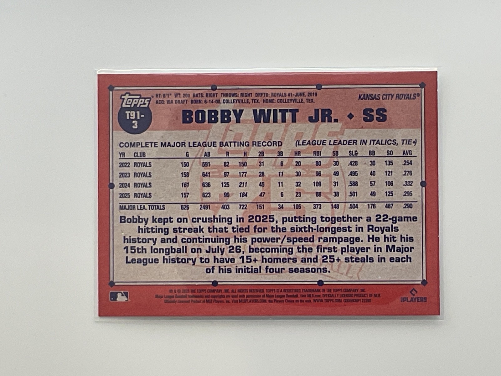 Bobby Witt Jr 2026 Topps Series 1 1991 Topps Card # T91-3 Royals