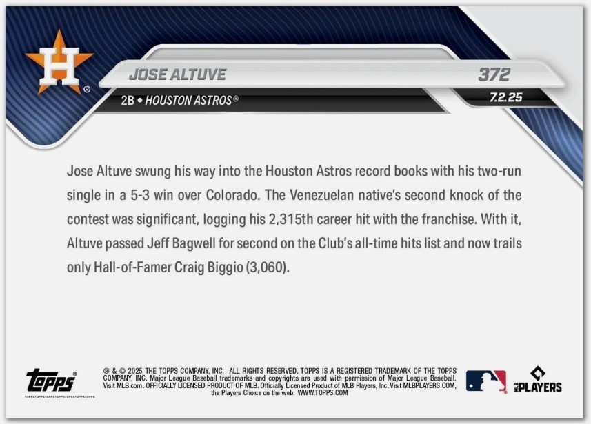 Jose Altuve 2025 Topps Now #372 Astros Passes Bagwell 2nd All-Time Hits IN HAND