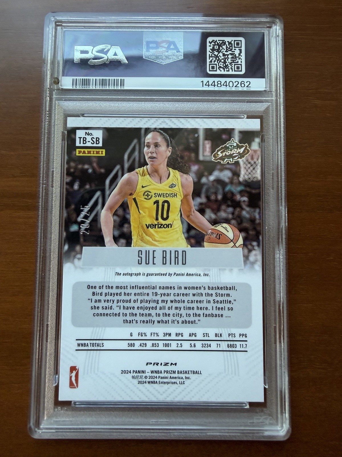 2024 Panini Prizm WNBA Sue Bird Throwback Signatures Mojo Auto /25 PSA 10 TB-SB