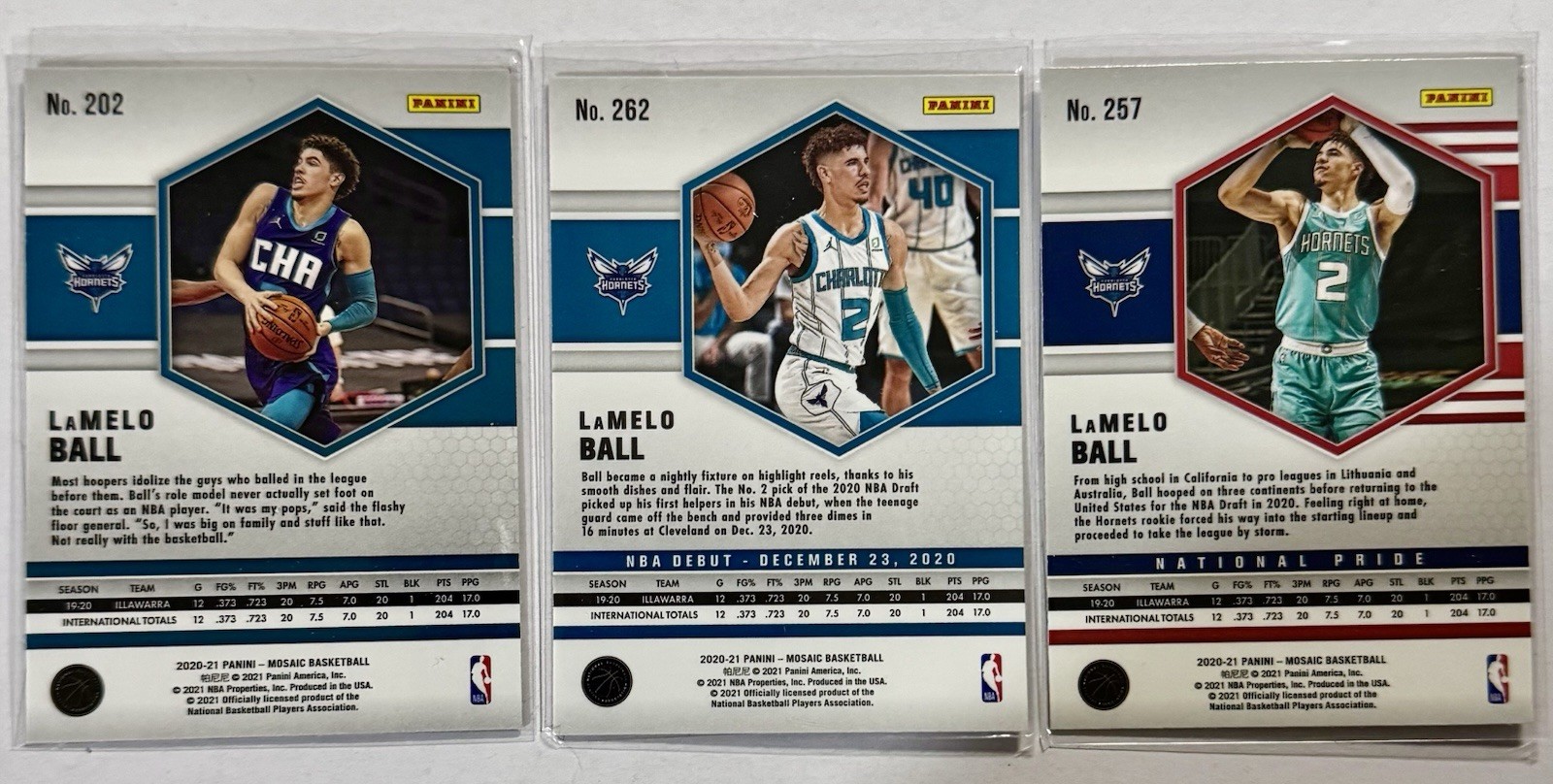 2020-21 Mosaic #202 LaMelo Ball RC + #262 Mosaic NBA Debut + #257 National Pride