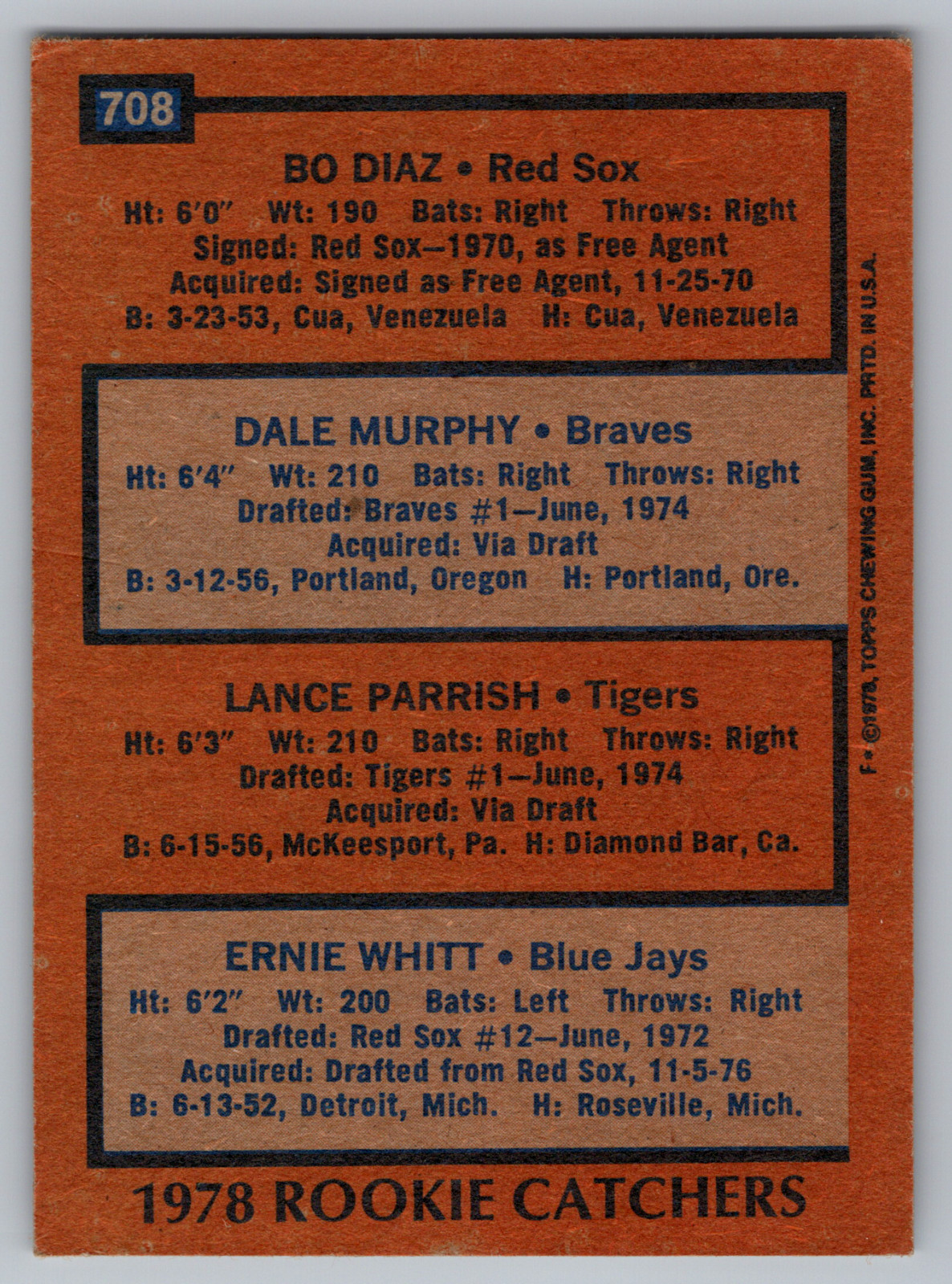 1978 TOPPS #708 LANCE PARRISH DETROIT TIGERS ROOKIE & DALE MURPHY ATLANTA BRAVES