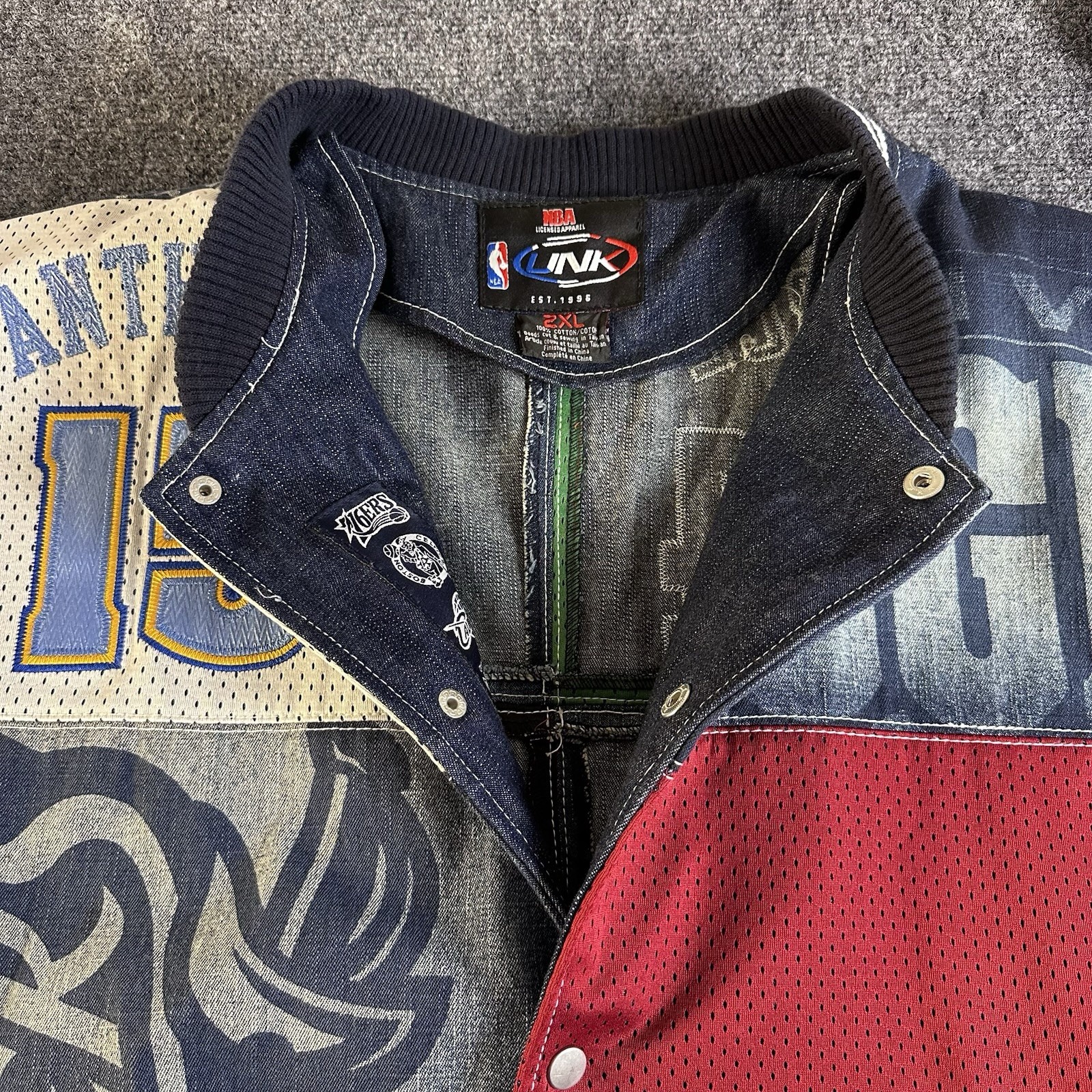 Vintage UNK NBA Patchwork Denim Jersey Varsity Jacket Mens 2XL LeBron Kobe