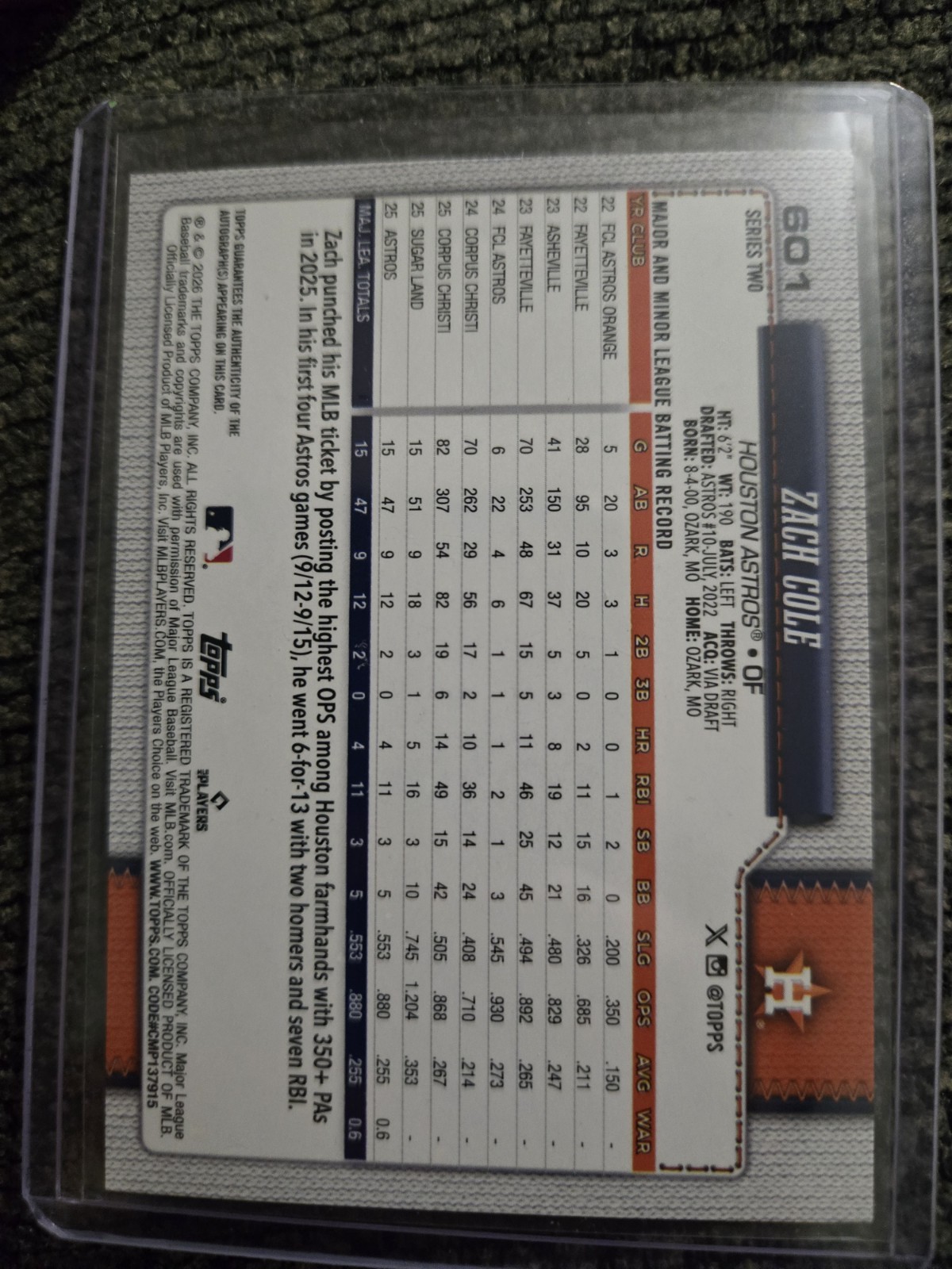 2026 Topps Series 2 Zach Cole Rookie Auto Real One #601 Astros RC SP