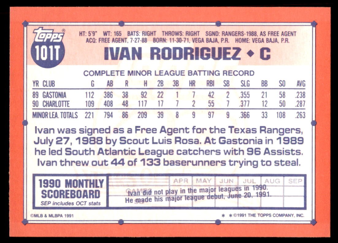 1991 Topps Traded #101T Ivan Rodriguez Rookie