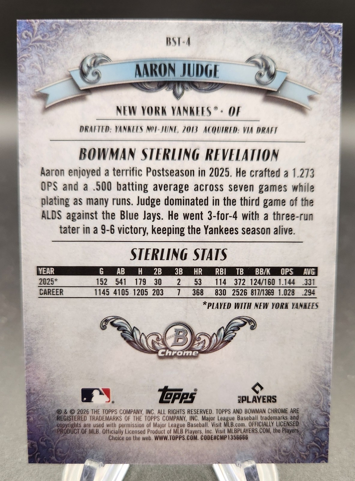 2026 Bowman Chrome Aaron Judge #BST-4 Sterling Purple Mojo Refractor /250 MVP