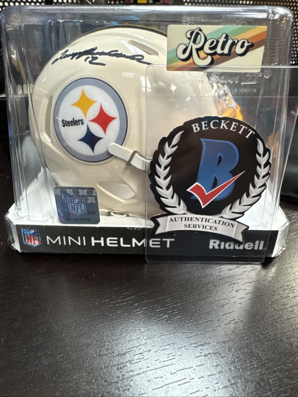 Terry Bradshaw Signed Pittsburgh Steelers Retro Mini Helmet w/12 & Beckett Coa