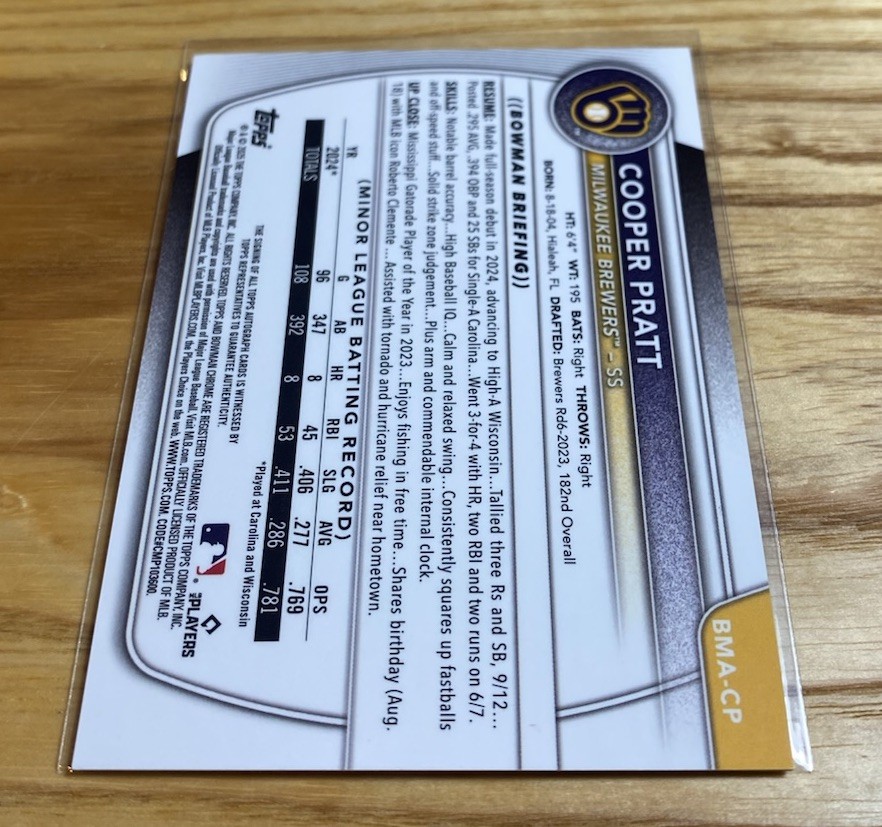 Cooper Pratt 2025 Bowman Chrome Purple Mojo Mega Box Auto SP /199 Brewers