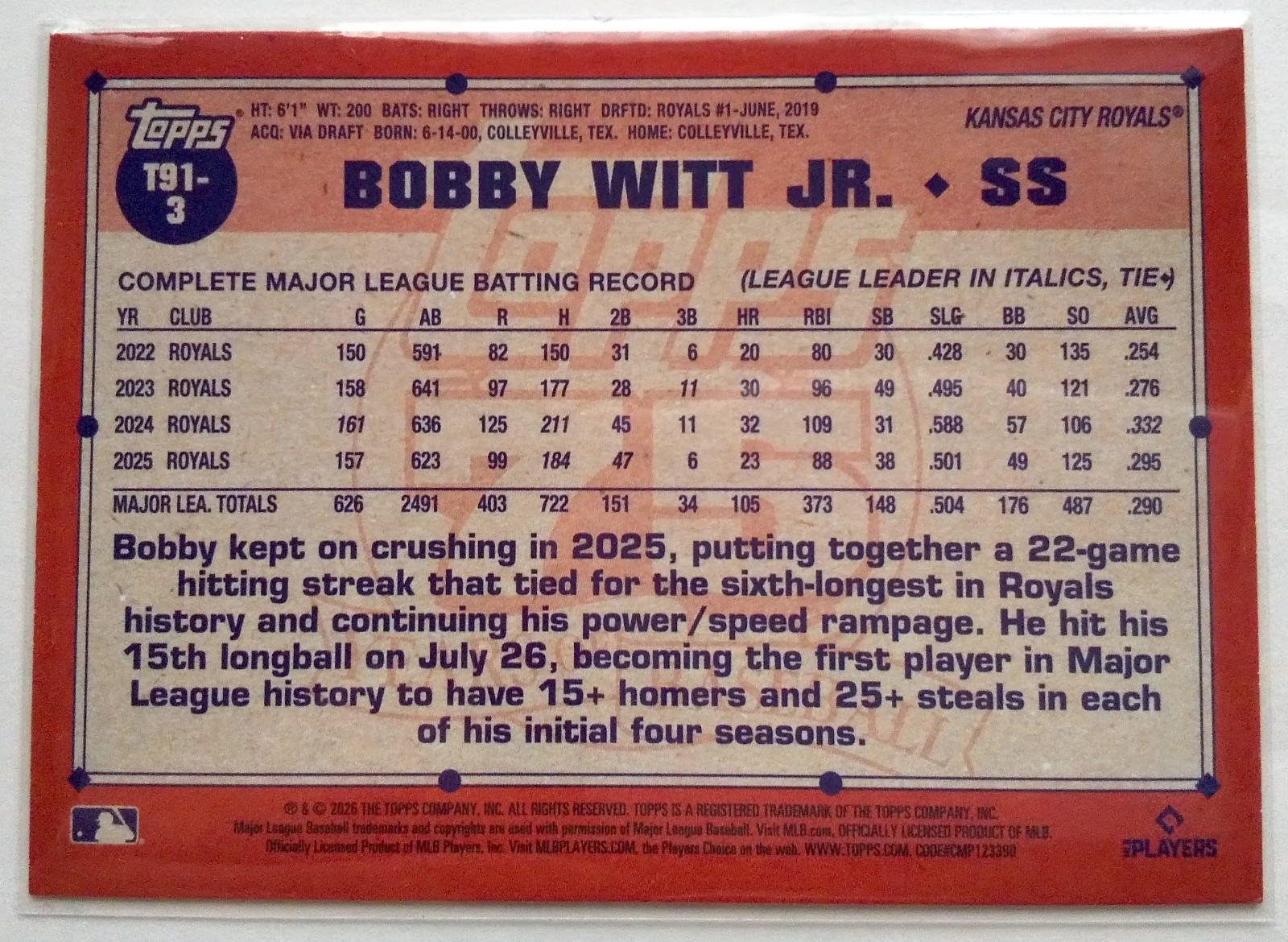 Bobby Witt Jr. 2026 Topps Japan Edition Koi Fish Insert #T91-3 Royals