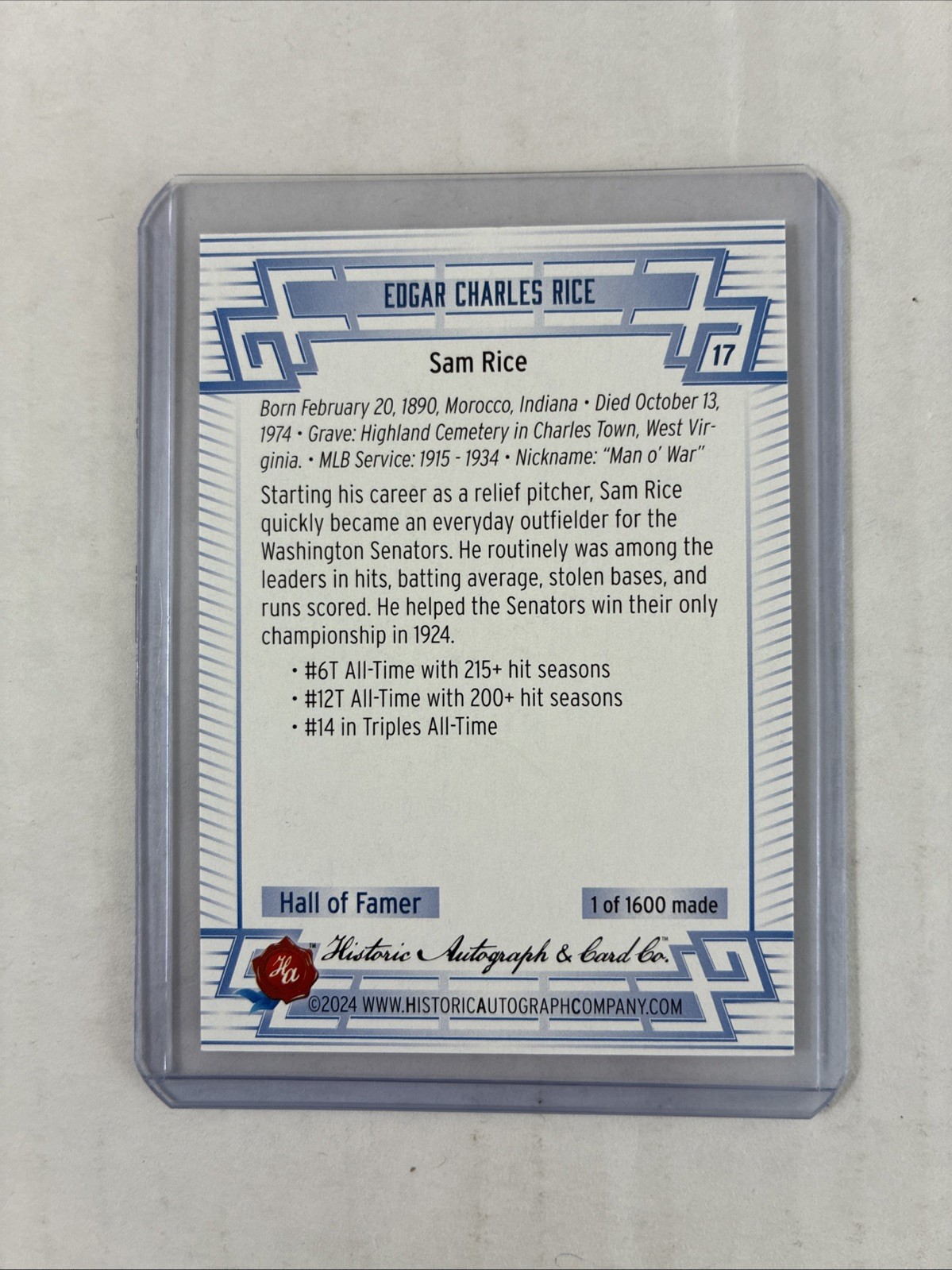 /1600- 2024 Historic Autographs #17- Sam Rice