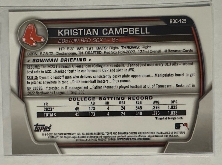 Kristian Campbell 2023 Bowman Chrome Draft Sapphire BDC-125 1st Bowman Red Sox