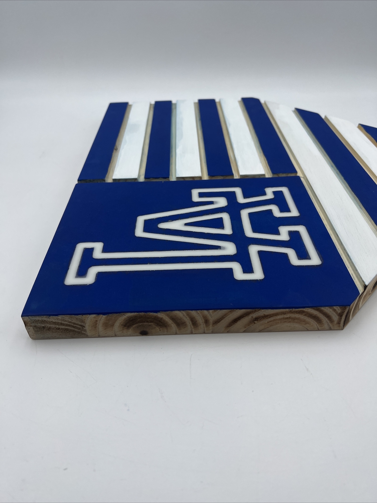LOS ANGELES DODGERS “FLAG THEMED” HOME PLATE SIGN 1″ PINE WOOD, STAIN, & EPOXY
