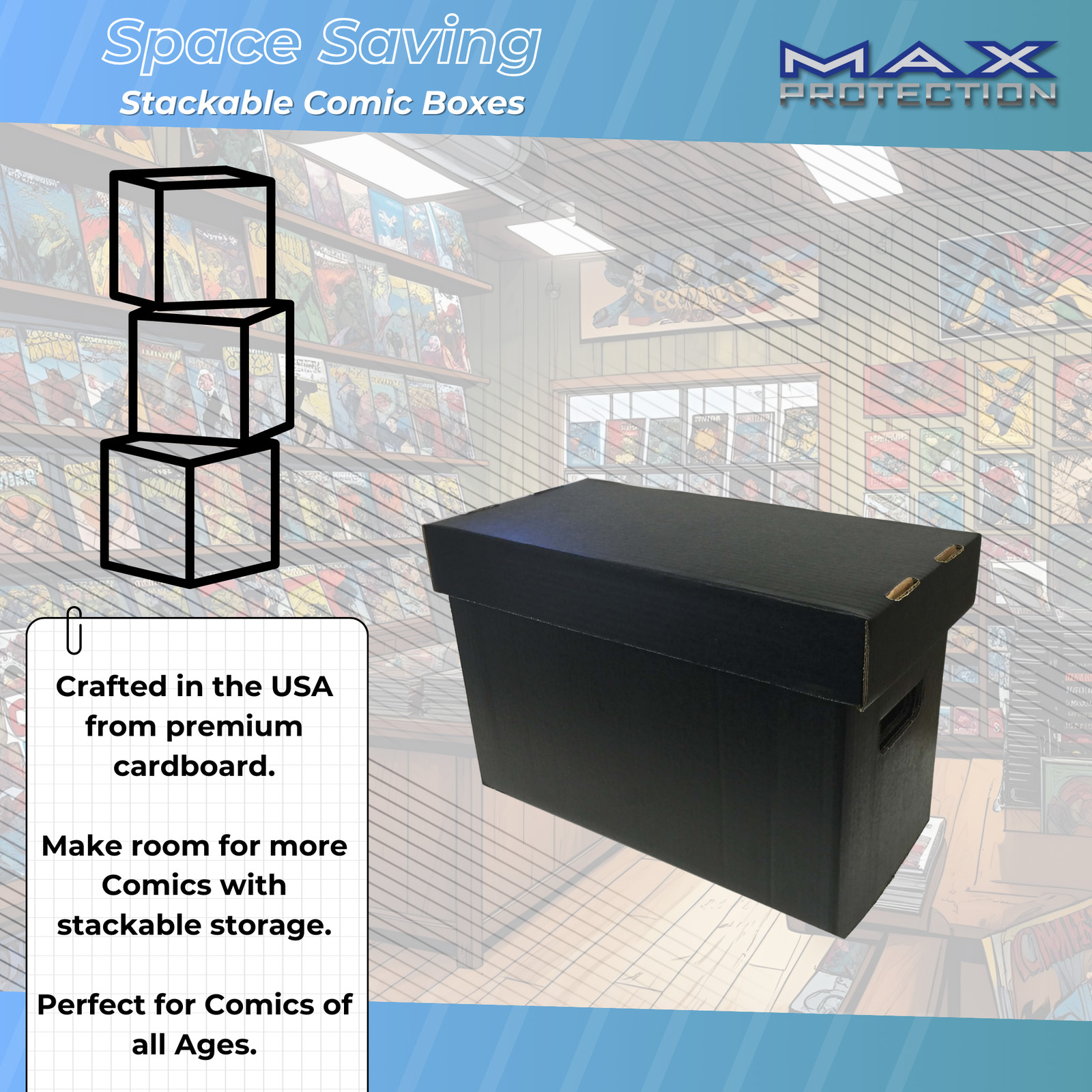 1 New Max Pro Short Cardboard Comic Book Storage Box holds 150-175 comics BLACK