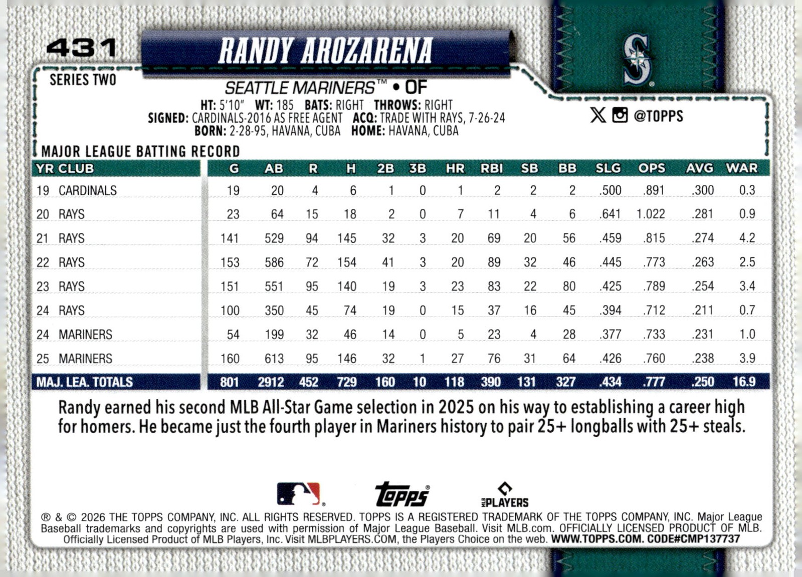 2026 Topps #431 Randy Arozarena Team Color Border