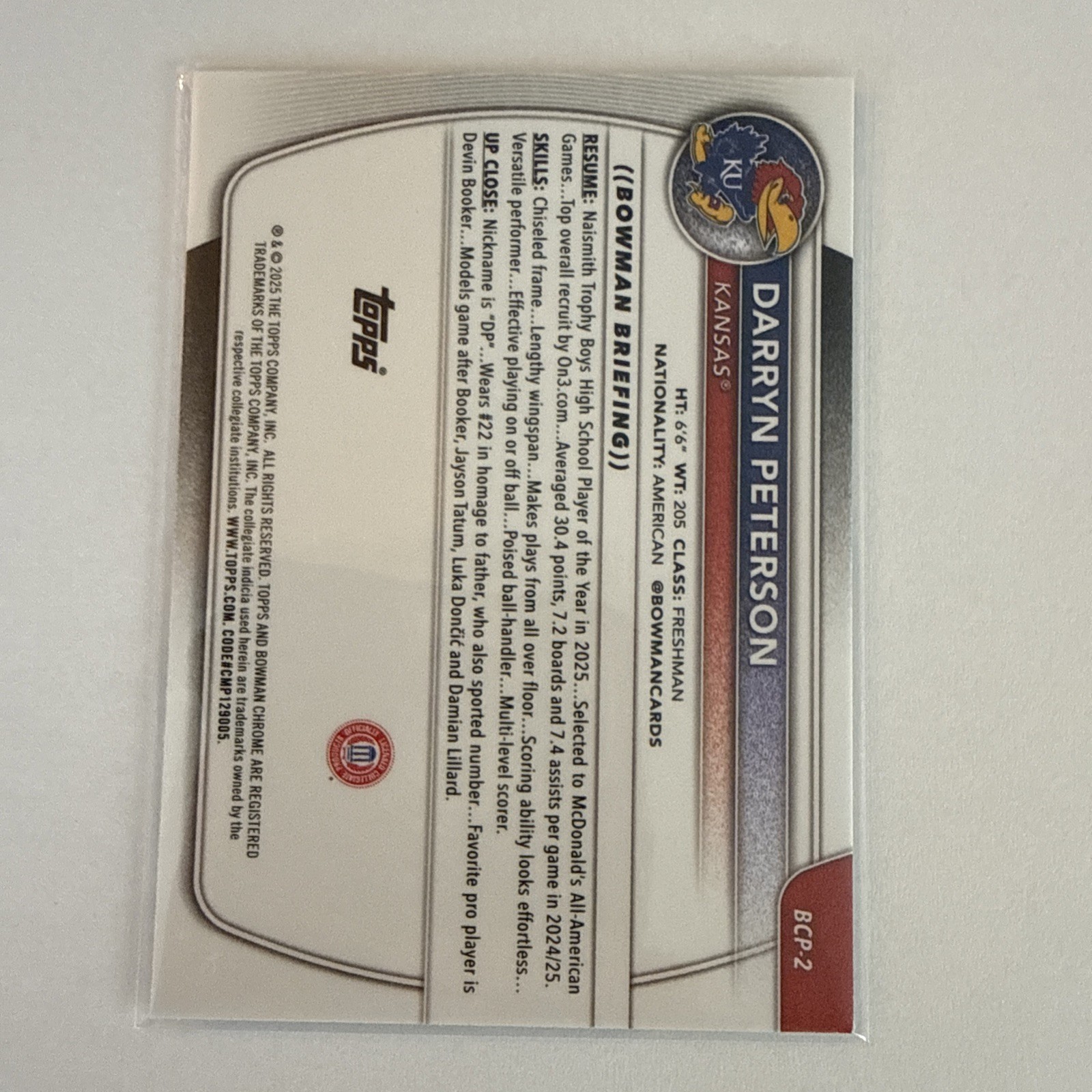 2025-26 Bowman Chrome Darryn Peterson 1st Kansas Jayhawks Prospects Mojo #BCP-2