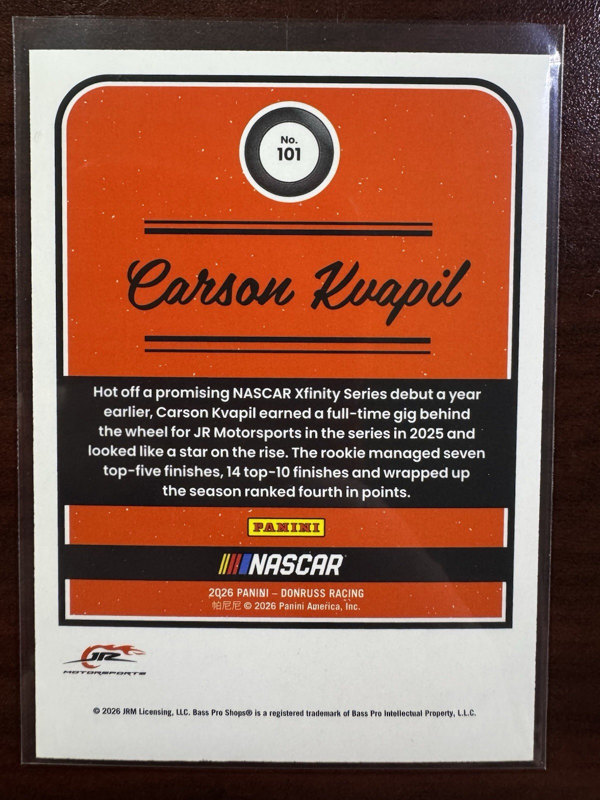 2026 Panini Donruss NASCAR #101 Carson Kvapil #/249