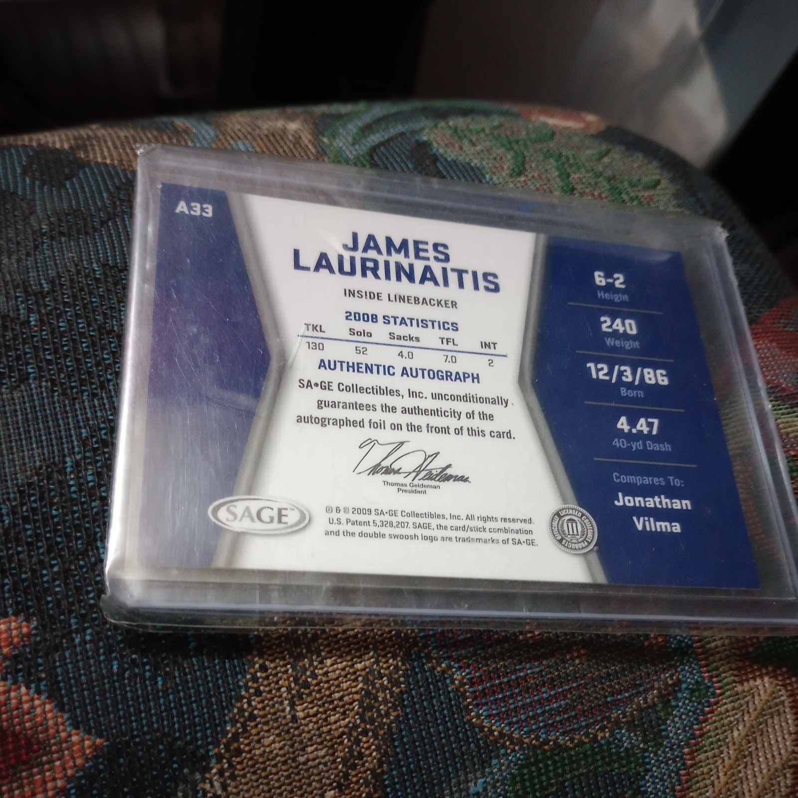 2009 SAGE HIT Autographs Silver #A33 James Laurinaitis Auto AU 050-A