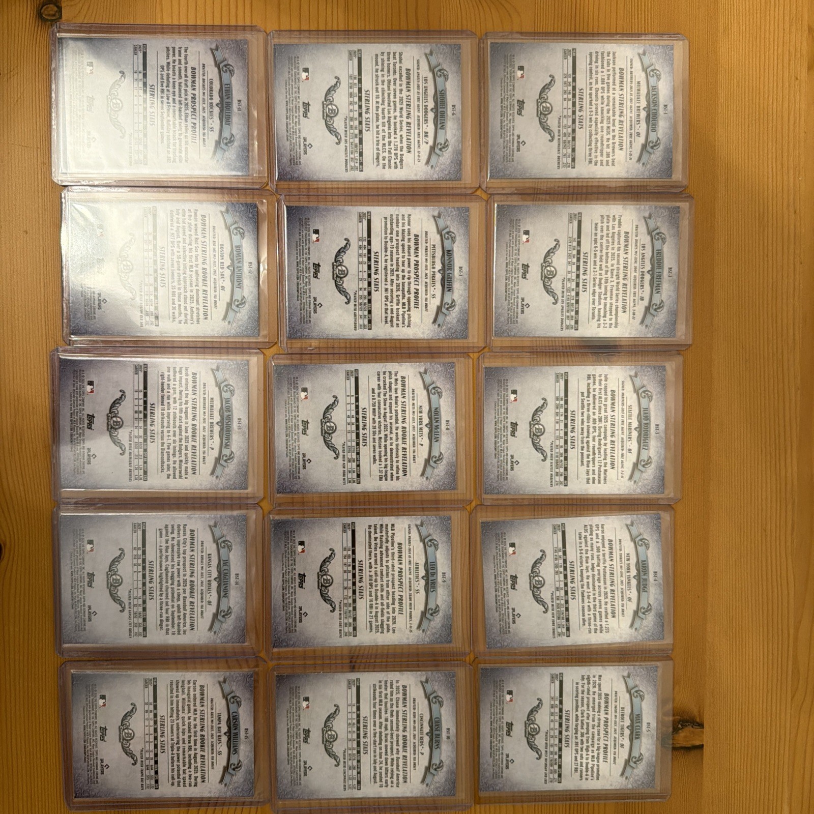 2026 Bowman Sterling 15 Card Set BST-1 through BST-15 in top loaders.