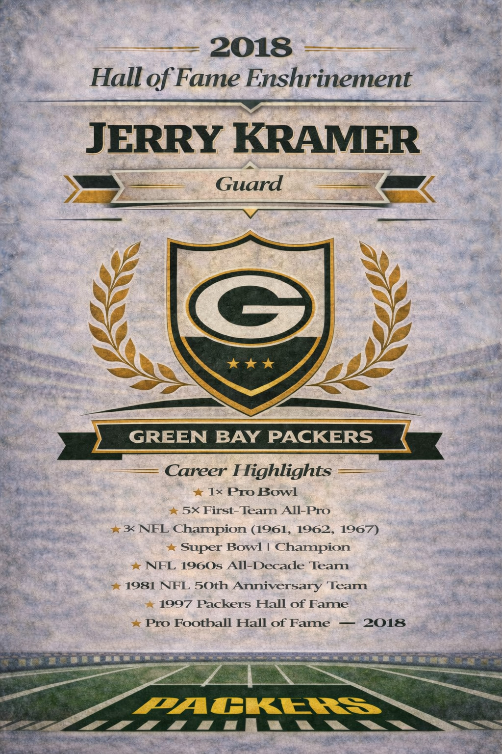 JERRY KRAMER NFL HOF CLASS OF 2018 CUSTOM 4″x6″ GOAL LINE ART CARD ~ PACKERS