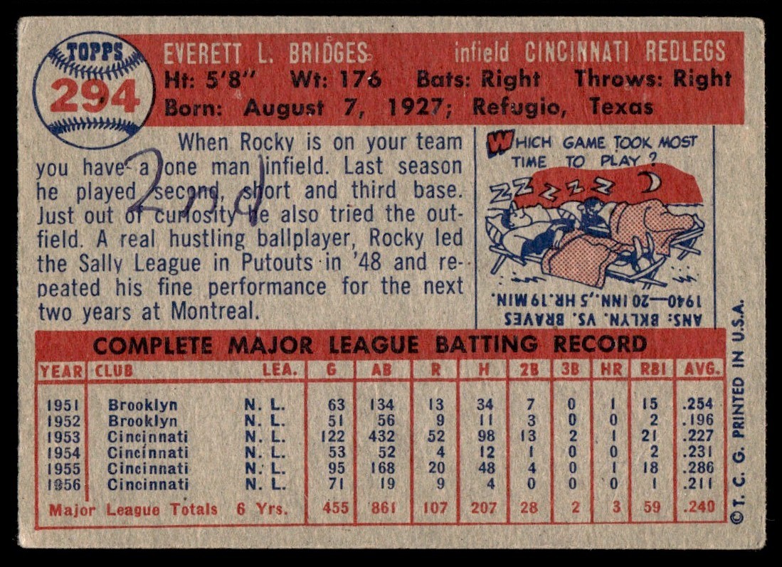 1957 Topps Rocky Bridges Cincinnati Reds #294